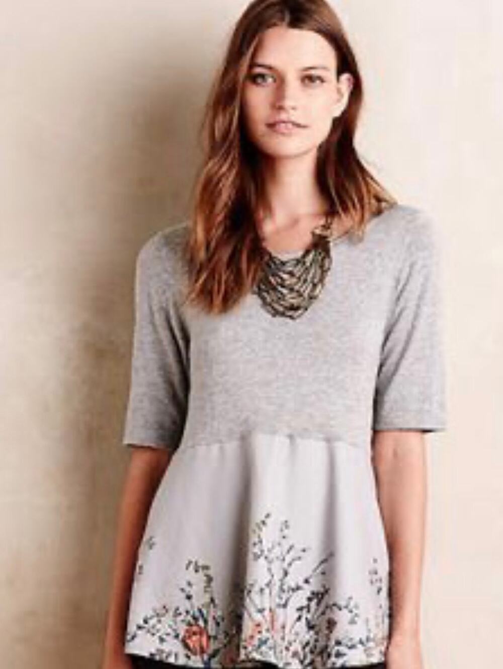 Anthropologie Moth Gardenia Pullover Gray Knit Top with Floral Peplum Hem Size S